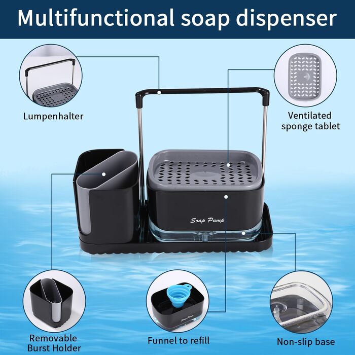 Кухонний набір з дозатором рідини для миття посуду, дозатор мила кухонний з лотком і тримачем для губки, засіб для миття багаторазового використання, підходить для кухонної мийки (кухонний набір з дозатором рідини для миття посуду)