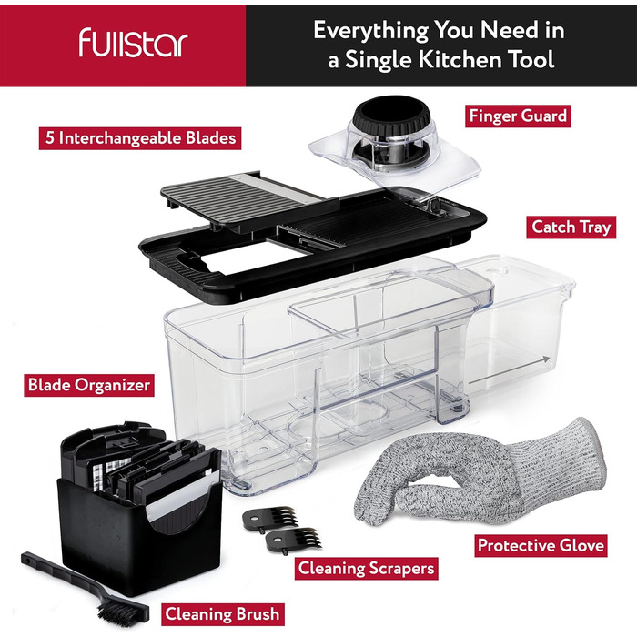 Овочерізка мандоліна, овочерізка, нарізка для огірків, нарізка для цибулі, картоплерізка, фрукторізка, терка для овочів та сиру, різак для жульєну (все в 1, чорний колір)