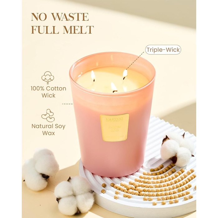 Ароматична свічка M&SENSE надзвичайно велика, час горіння 150 годин, натуральна ароматерапевтична свічка з 3 гнітами, сильний аромат, тривале горіння, подарункова свічка та прикраса для дому, подарунки для жінок (990 г, садова троянда)