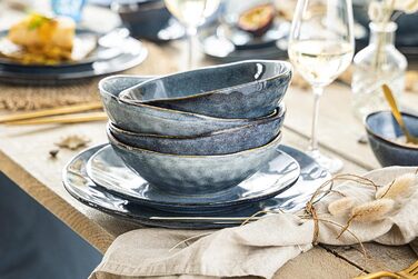 СПІВАЧКА Столовий сервіз Darwin 12 шт. , набір фаянсового посуду 4 персони, набір тарілок синього кольору в т.ч. обідня тарілка десертна тарілка & глибокі тарілки, столовий посуд, набір посуду ручної роботи (миски 4 шт.)