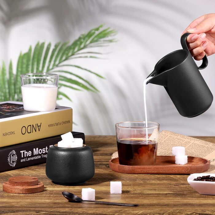 Набір для молока та цукру з кришкою та металевою ложкою, 5 предметів чорний ecooe