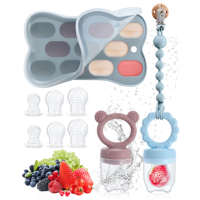 Фруктова пустушка для малюків від 3, 4, 5, 6 місяців, 2 годівниці для дитячого харчування з фруктами та контейнер для зберігання дитячого харчування, ланцюжок для пустушки та 6 силіконових сосків 3 розмірів, фруктова пустушка для малюків (рожево-фіолетова
