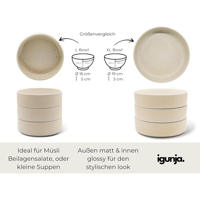 Набір керамічного посуду igunja, набір мисок та тарілок 12 предметів на 4 особи Високоякісний, 100 ручної роботи, набір посуду з реактивною глазур&39ю, матовий зовні, глянцевий всередині (бежевий, миски XL)