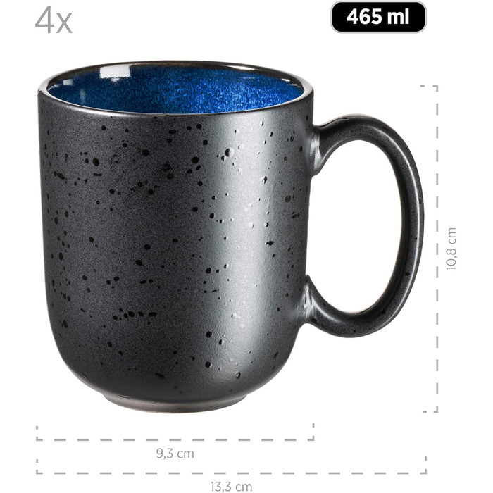 Сучасний набір для 4 осіб у захоплюючому вінтажному образі, великі плоскі обідні тарілки з кераміки, керамограніту, сірий/чорний (кавовий кухоль, синій / чорний)