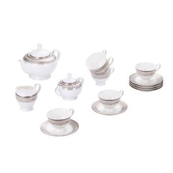 GIPFEL Сервіз чайний ARGENTO на 6 персон з 15 предметів: чашка 200мл, 6шт., блюдце 16см, 6шт., чайник заварювальний, 1200мл, 1шт., молочник, 1 шт., цукорниця, 1 шт. Колір: білий із сріблястим кантом. Матеріал: преміальна порцеляна. 40989 GIPFEL