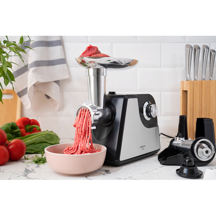 ARDESTO М'ясорубка, 1700Вт, продук.-1.6кг/хв, 2 решітки + для ковб., кеббе, насадка для томатів, пластик+метал, чорно-сріблястий