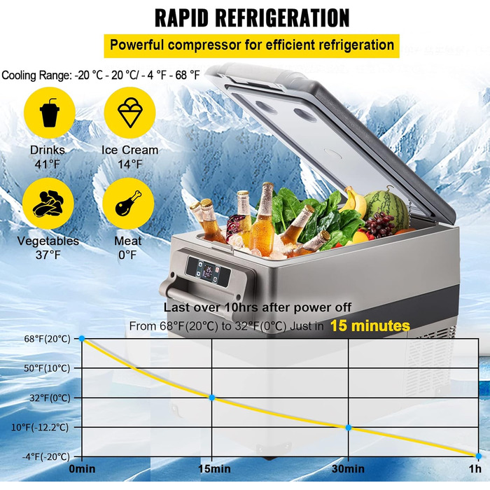Автомобільний холодильник VEVOR 35L, компресорний холодильник, коробка-холодильник з нержавіючої сталі, ізольована коробка для свят, міні-холодильник, автомобільний холодильник з розеткою 35L (45L)