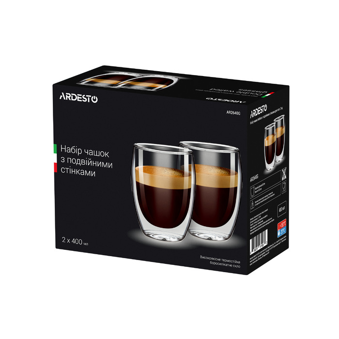 ARDESTO Double Wall Cup Set, 400 мл, H 13,5 см, 2 шт, боросиликатное стекло