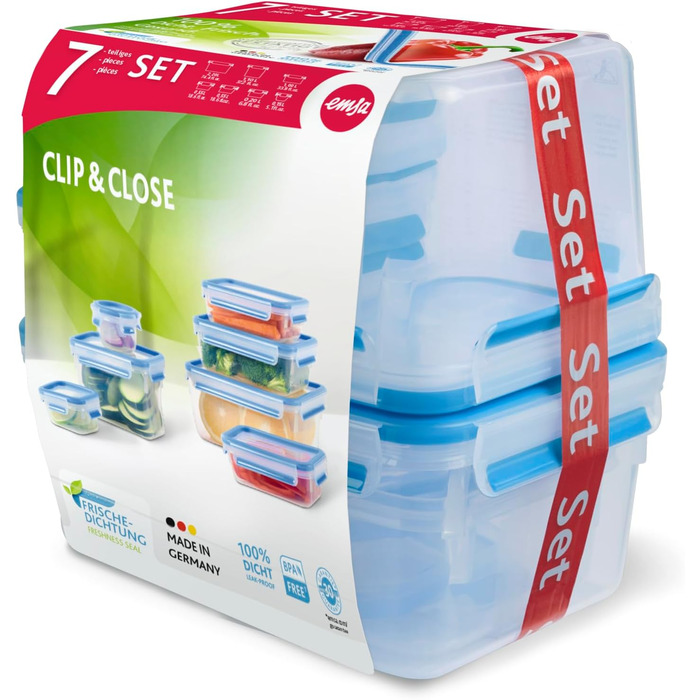 Набір контейнерів для зберігання харчових продуктів EMSA Clip & Close, прямокутні, 5 x 0,8 л, коробки для зберігання, 100 герметичні, придатні для миття в посудомийній машині, морозильної камери та мікрохвильової печі, прозорі, сині, зроблені в Німеччині,