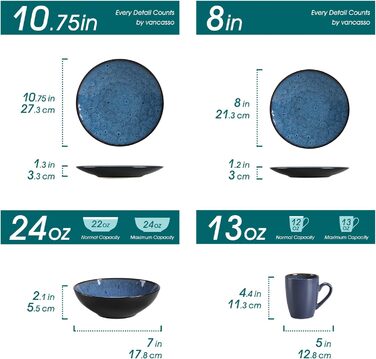 Столовий сервіз з керамограніту, комбінований сервіз vancasso з 32 предметів BUBBLE з фаянсу, набір посуду у вінтажному вигляді, включає миски з пластівцями, кавові чашки, десертні тарілки та обідні тарілки на 8 осіб (набір посуду з 48 предметів, синій)