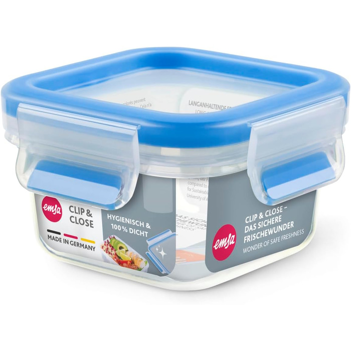 Набір контейнерів для зберігання продуктів EMSA Clip & Close, прямокутні, 5 x 0,8 л, коробки для зберігання, 100 герметичні, придатні для миття в посудомийній машині, морозильної камери та мікрохвильової печі, прозорі, сині, зроблені в Німеччині, N10307 (
