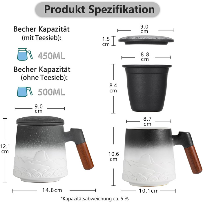 Кружка с крышкой и ситечком, 500 мл черно-белая Zens