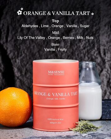 Ароматичні свічки M&SENSE з натурального соєвого воску, натуральна соєва свічка для домашнього декору, тривалий час горіння до 70 годин, класні подарунки-свічки для чоловіків та жінок (600 г, апельсин та ваніль)