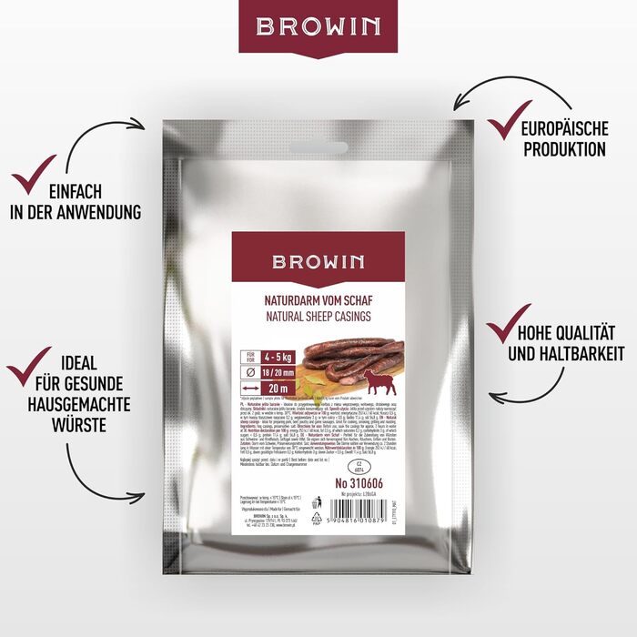 Натуральна оболонка для ковбас Натуральна оболонка вищого сорту для домашньої ковбаси, ялівцевої ковбаси, білої ковбаси, сардельки (калібр 18/20 мм, 91 метр, овеча оболонка)