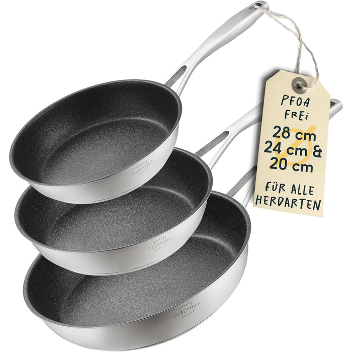 Сковорода вок індукційна 28 см - Сковорода вок з нержавіючої сталі для фритюру та смаження - Для всіх типів плит - Жароміцна до 400C (з покриттям, набір 3 20, 24 28 см)