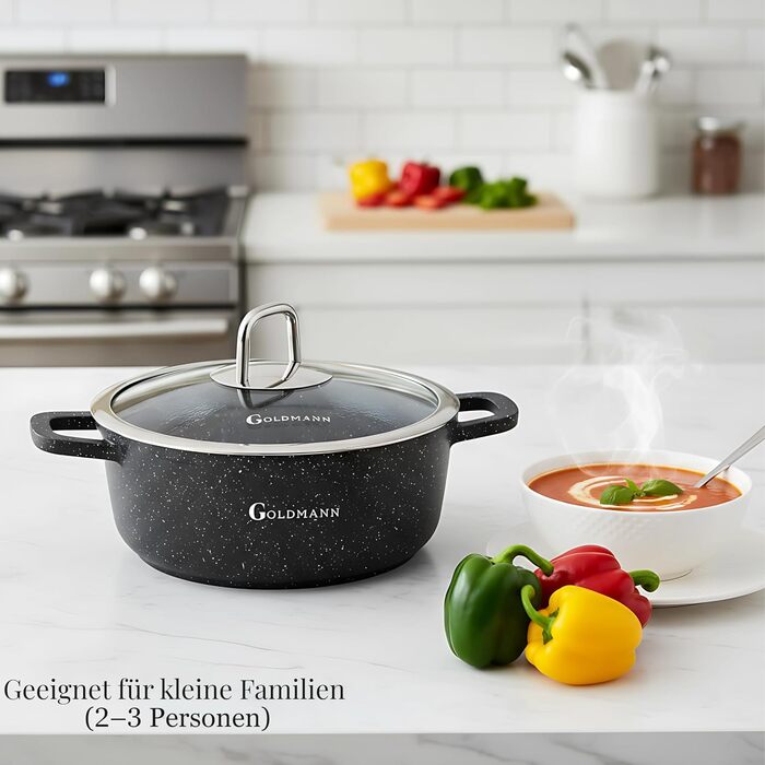 Каструля/горщик GOLDMANN з антипригарним покриттям та скляною кришкою, 6,5 л, мармурове керамічне покриття, для всіх варильних поверхонь, екологічно чиста (20 см)