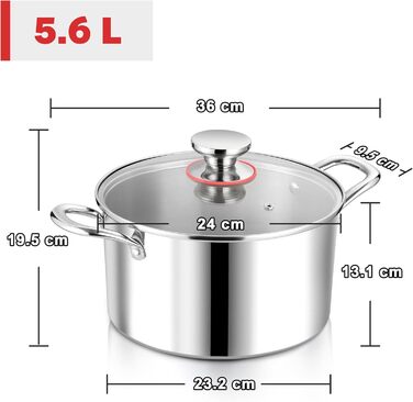 Каструля 5,6 л з нержавіючої сталі зі скляною кришкою 24 см Herogo