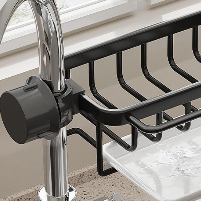 Органайзер для кухонного крана Baxnore з алюмінію, підвісна стійка для зливу крана з піддоном для крапель, тримач для губки для кухонної мийки, стійка для зливу кухні (чорний)