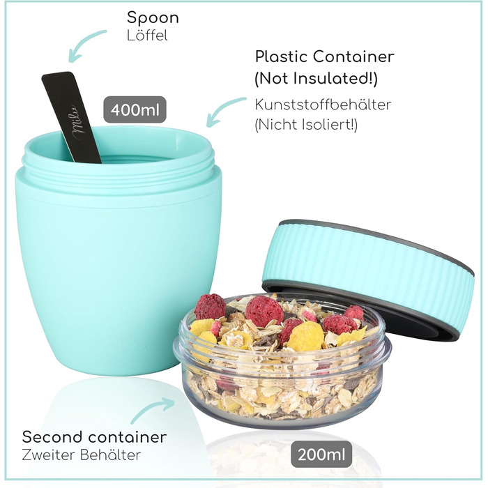 Стаканчик для пластівців Milu на винос 400 мл з назвою MsliMax для йогурту герметичний стаканчик з ложкою (бірюзовий, пластиковий)