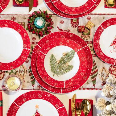 Серія 30-предметний порцеляновий різдвяний набір посуду на 6 осіб, різдвяний кавовий сервіз на 6 обідніх тарілок, 6 десертних тарілок, 6 супових тарілок, 6 кавових чашок та 6 блюдець (Christmastrele, обідній сервіз на 18 осіб)
