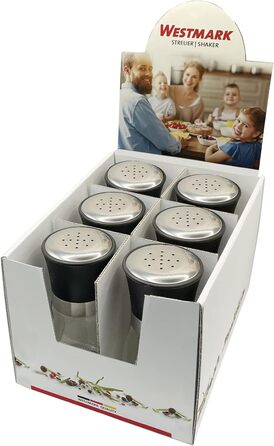 Дисплей Westmark, Вміст 6 дозаторів, Ємність 190 мл кожен, Скло/нержавіюча сталь/пластик, Прозорий/Чорний/Сріблястий, 63592611 (Шейкери для спецій, вишукані, 6 шт. , прозорі/чорні/сріблясті)
