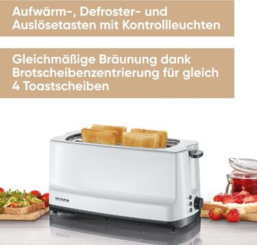 Автоматичний тостер SEVERIN з довгим слотом, 4 тости, автоматичний тостер з насадкою для булочки, тостер з нержавіючої сталі для підсмажування, розморожування та розігріву, 1 400 Вт, білий / сірий, AT 2234 4 скибочки тостів