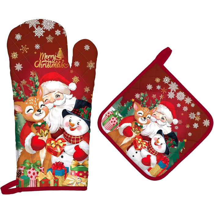 Набір з 2 різдвяних рукавиць для духовки та підставки для каструль Arquiel, 100 бавовняні кулінарні рукавички, термостійкі кухонні рукавички для приготування їжі, різдвяні подарунки для жінок (Санта Клаус, рукавичка для духовки підставка для каструль)