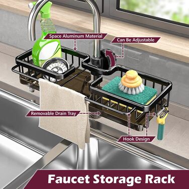 Органайзер для раковини LACEEZEN, тримач для губки для кранів діаметром 1,78-2,8 см, круглий, компактний тримач для рушників, кухонний органайзер (чорний, цільний)
