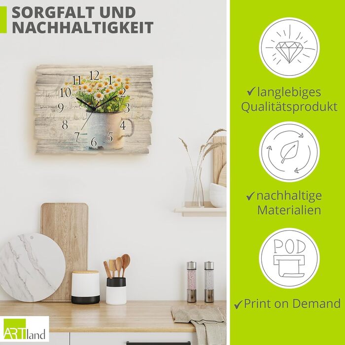 Настінний декор настінний годинник без цокання з дерева радіогодинник безшумний прямокутний 40x30 см їжа бакалія спеції трави лимон чилі вінтажний сільський U1RK трави (ромашка, кварцовий годинник)