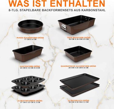Набір форм для випічки NutriChef - Набір із 8 антипригарних форм для випічки - Без PFOA, PFOS, PTFE, придатний для використання в духовці до 232C - Кругла форма для випічки, форма для хліба, форма для мафінів та форма для дека, придатна для миття в посудо