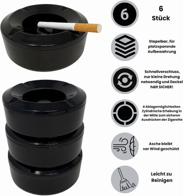 Пепельница 6 шт 10,5 см черная Generisch
