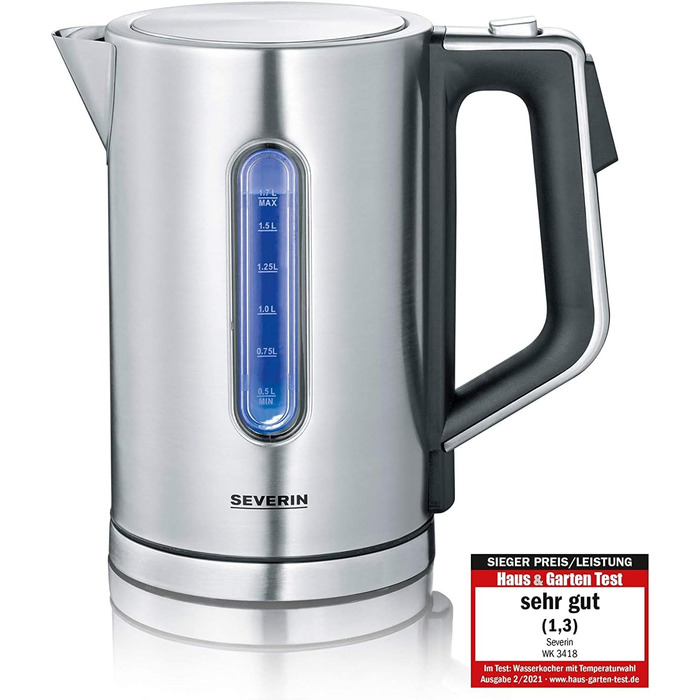 Цифровий чайник SEVERIN зі швидкістю швидкого кип'ятіння та індивідуальним вибором температури, об'єм наповнення 1,7 л XXL, матова нержавіюча сталь / чорний, 3000 Вт, 100 без бісфенолу А, WK 3418 (комплект із тостером із довгим отвором чорний)