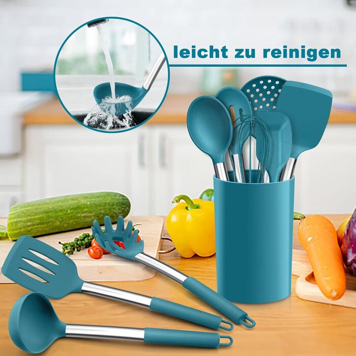 Набір силіконових кухонних гаджетів Herogo, набір кухонного посуду з 22 предметів Набір кухонних столових приборів із тримачем для посуду, термостійке кухонне начиння з ручкою з нержавіючої сталі, антипригарне та здорове (синій)
