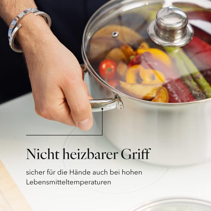 Набір посуду FLORINA 4 предмети Нержавіюча сталь 18/0 Кришка із загартованого скла Для індукційних, газових, електричних та керамічних варильних поверхонь Можна мити в посудомийній машині Високоякісний набір посуду для кожної кухні (8 предметів, Polpo)