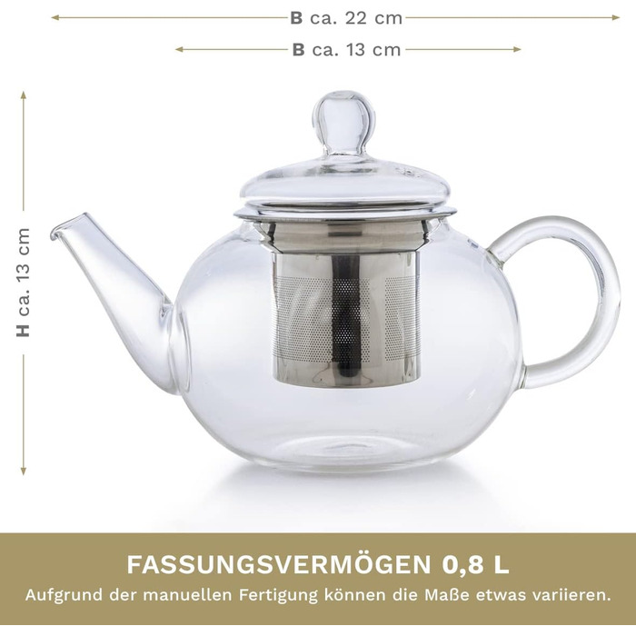 Скляний чайник Creano Glass Teapot з 3 частин із вбудованим ситечком з нержавіючої сталі та скляною кришкою, ідеально підходить для приготування сипучих чаїв, без крапель, моноблок (0,8 л)