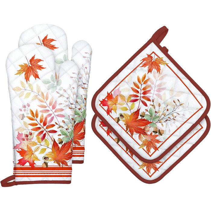 Набір з 2 кухонних рукавиць Arquiel з тримачем для каструлі Gnome Autumn Orange Checked, 100 бавовняні кулінарні рукавички, термостійкі кухонні рукавички для приготування їжі, осінній декор, подарунки для жінок з кленовим листям (осіннє кленове листя, 2 к