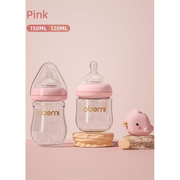 Скляні дитячі пляшечки Oberni з силіконовою соскою, розмір 1, пляшечка для молока з широким горлом, дитяча пляшечка з антиколіковим клапаном для новонароджених від 0 місяців, 150 мл, сині, (рожевий/3 шт.)