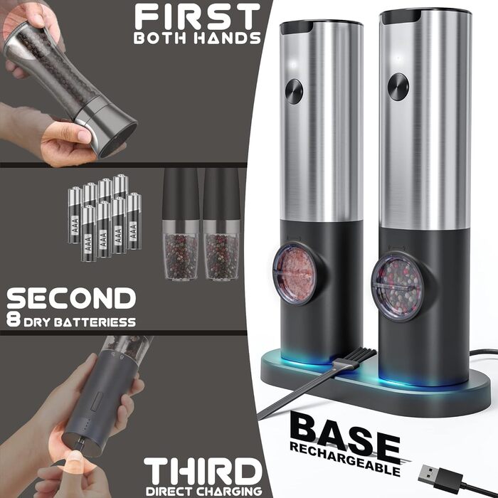 Млин для солі та перцю електричний з базою, що заряджається, 2 предмети, чорний/металік Littneo