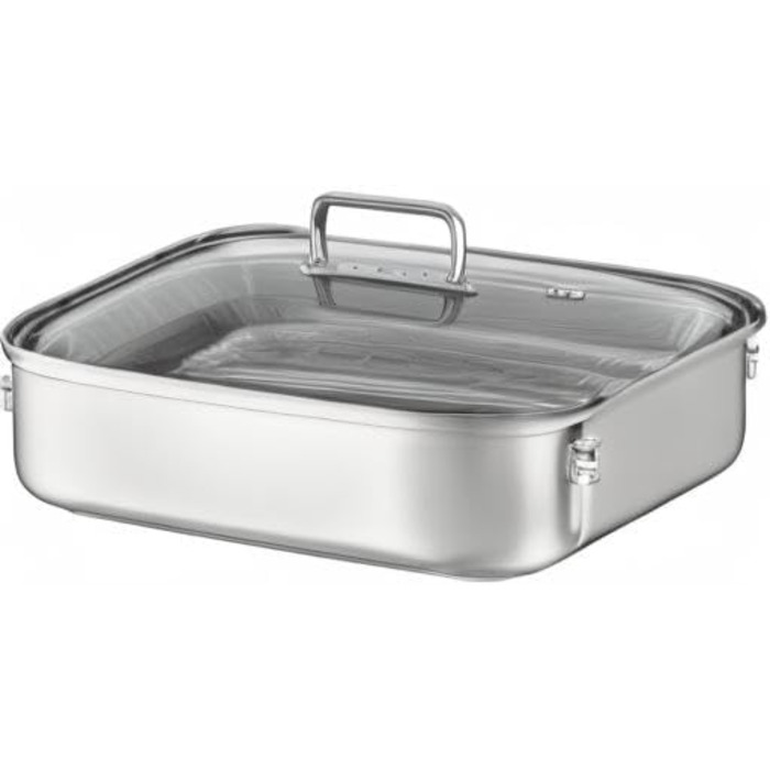 Форма для запікання RSLE EXPERTISO, універсальна ємність для приготування їжі з нержавіючої сталі 18/10, скляна кришка, внутрішня вага, підходить для індукційних плит, можна мити в посудомийній машині, срібляста (38 x 28 см, прямокутна форма для запікання