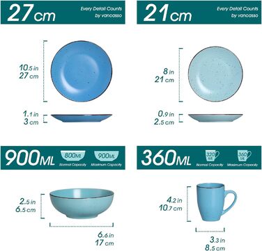 Столовий сервіз з керамограніту, набір посуду vancasso MODA, вінтажний зовнішній вигляд, комбінований сервіз із 40 предметів з 8 обідніми тарілками, тарілками для тортів, суповими тарілками, мисками та чашками кожна (синій колір, комбінований сервіз 16 шт