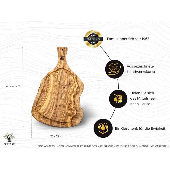 Дошка для стейків з оливкового дерева, дошка з оливкового дерева Обробна дошка, дерев'яна дошка, дошка для сервірування, дошка для сніданку, сирна дошка сільська довжиною приблизно від 40 до 43 см, товщиною приблизно 2 см (43-45 см, сільська з жолобком дл