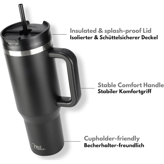 Термокружка 1200 мл с трубочкой и ручкой, черная Milu