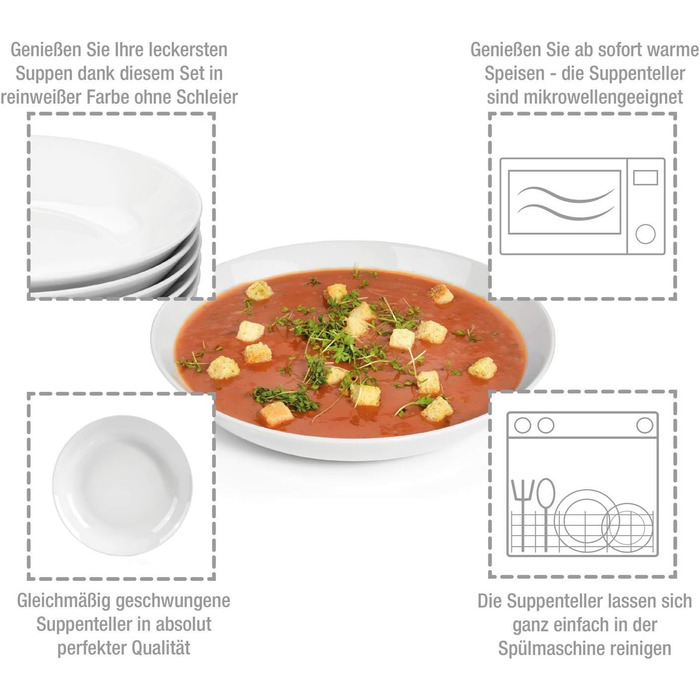 Столовий сервіз, білий, порцеляна (набір тарілок для супу 6 шт. на 6 персон) Sänger New Port