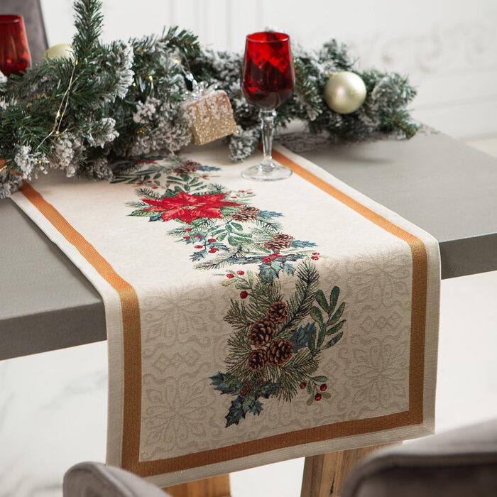 Різдвяна гобеленова скатертина Home of Christmas Скатертина на Різдво та Новий рік (Пуансетія з сосновими шишками (блискуча), доріжка 47x100 см)