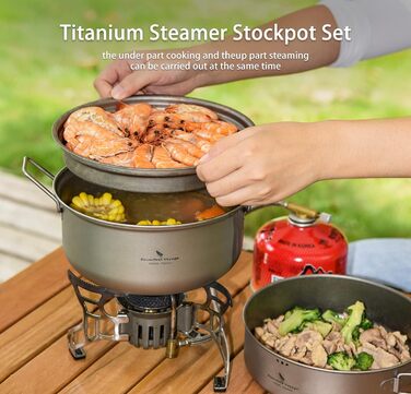 Титановый пароварка Boundless Voyage Суповая кастрюля с набором сковород Сверхлегкая кастрюля на открытом воздухе Набор кастрюль и сковородок для кемпинга Семья Big Ti2101C-Ti2102C (Ti2101C-1.8L 1L)