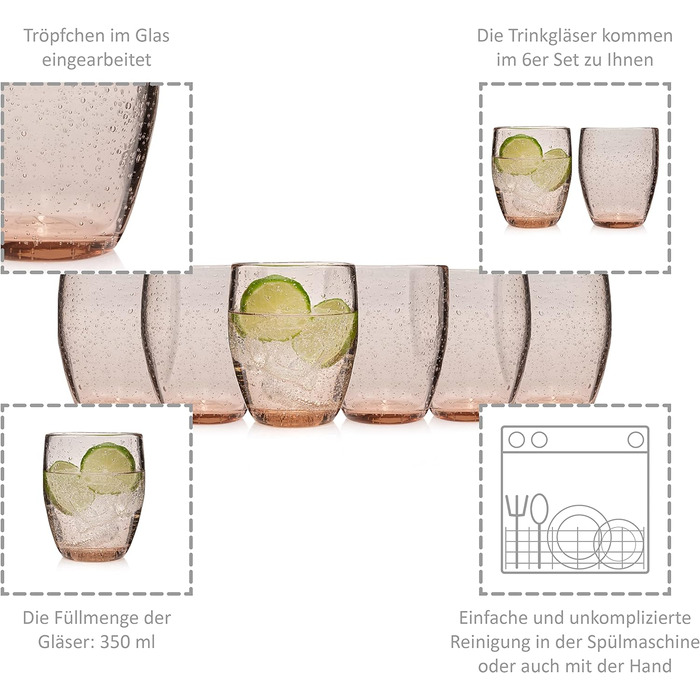 Набор бокалов для питья Singer Porto Набор стеклянных бокалов из 6 предметов на 6 человек, стакан для воды, разноцветный, уникальная огранка, повседневный, семейный ужин, офис, набор стаканов для сока на открытом воздухе 310 мл (London Brown 6 шт.)