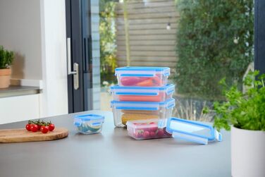 Набір контейнерів для зберігання харчових продуктів EMSA Clip & Close, прямокутні, 5 x 0,8 л, коробки для зберігання, 100 герметичні, придатні для миття в посудомийній машині, морозильної камери та мікрохвильової печі, прозорі, сині, зроблені в Німеччині,