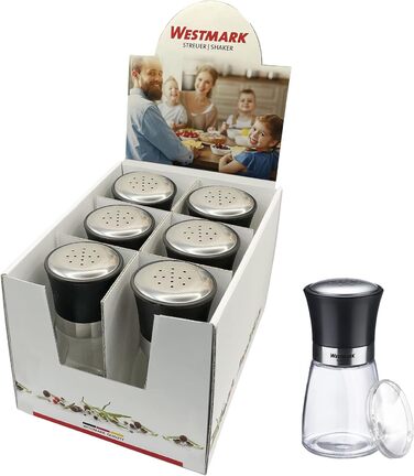 Дисплей Westmark, Вміст 6 дозаторів, Ємність 190 мл кожен, Скло/нержавіюча сталь/пластик, Прозорий/Чорний/Сріблястий, 63592611 (Шейкери для спецій, вишукані, 6 шт. , прозорі/чорні/сріблясті)