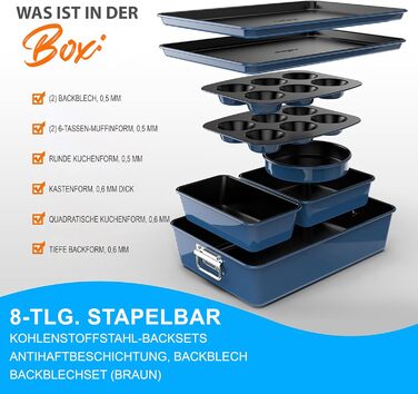 Набір форм для випічки NutriChef - Набір із 8 антипригарних форм для випічки - Без PFOA, PFOS, PTFE, придатний для використання в духовці до 232C - Кругла форма для випічки, форма для хліба, форма для мафінів та деко, придатний для миття в посудомийній ма