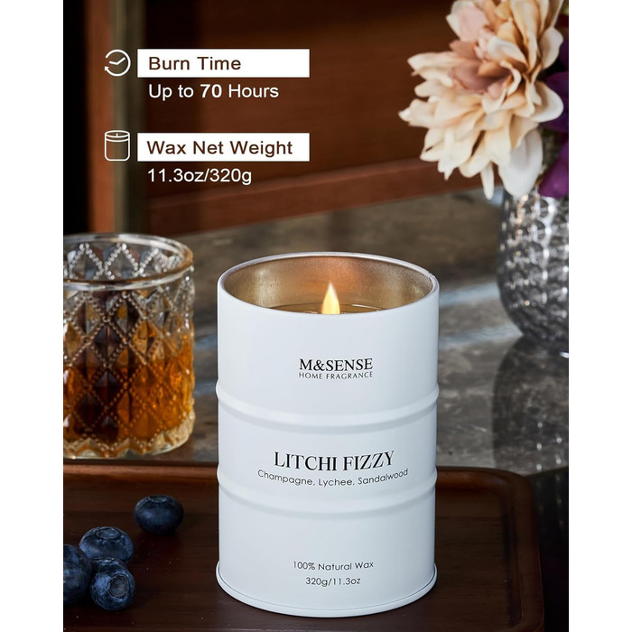 Ароматичні свічки M&SENSE з натурального соєвого воску, натуральна соєва свічка для домашнього декору, тривалий час горіння до 70 годин, класні подарунки для чоловіків та жінок (320 г, лічі, шипучі)